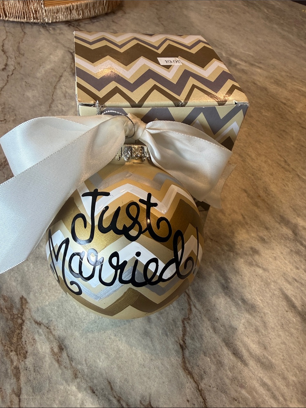 Coton Colors Gold Chevron "Just Married" Ornament with Cream Bow